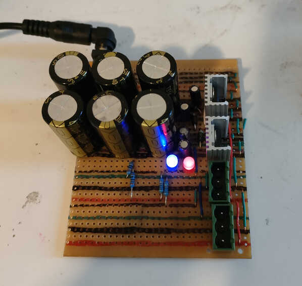 A home-made power supply on strip board
