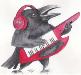 The CAW logo - a crow playing a keytar