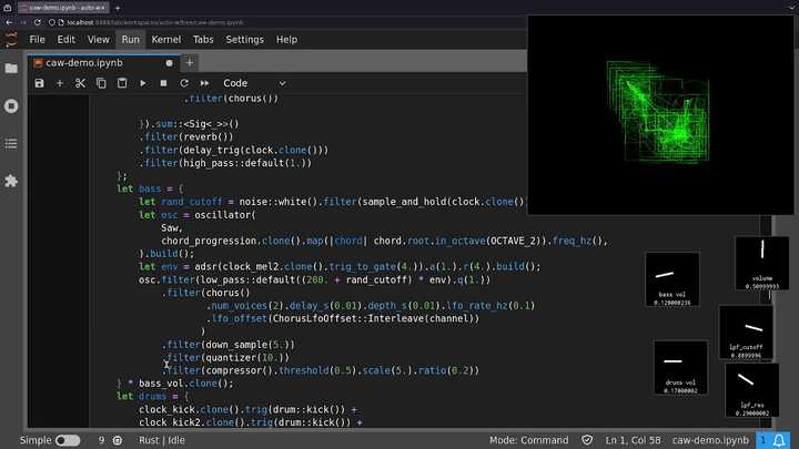 Web browser showing a Jupyter notebook with a cell containing synthesizer code. There’s also a visualization window and some knob windows.