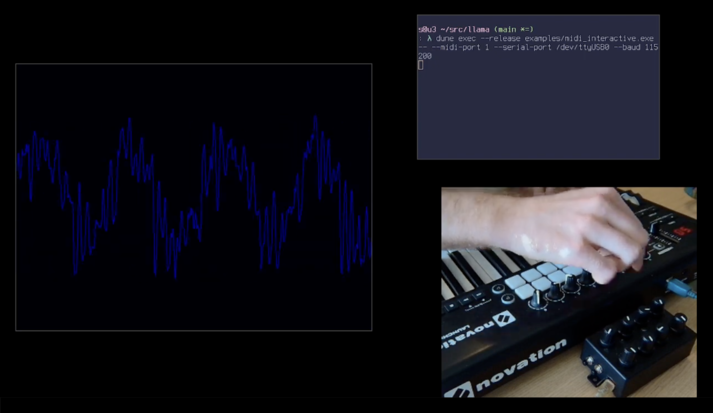 3 windows. A terminal with a command to start the synth, a visualization of the synth’s output, and a webcam shot of me playing a midi keyboard.